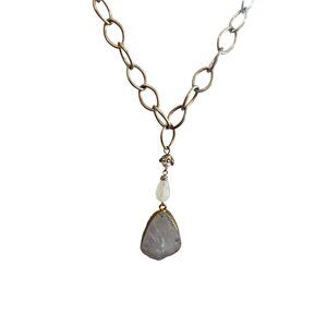 Gold-Tone Chain Necklace With Raw Quartz Pendant & Pearl Accent